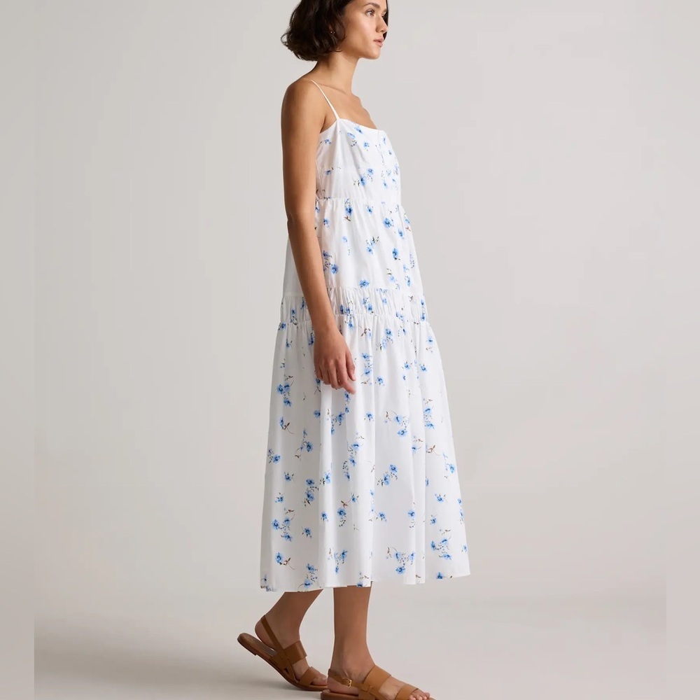 Quince White Midi Sundress with Blue Floral Print Organic Cotton - Picture 2 of 16